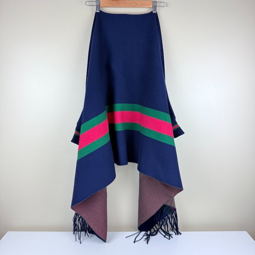 Navy Stripe Ruana / Thick Luxe Poncho Wrap with Fringe - Picture 2 of 4